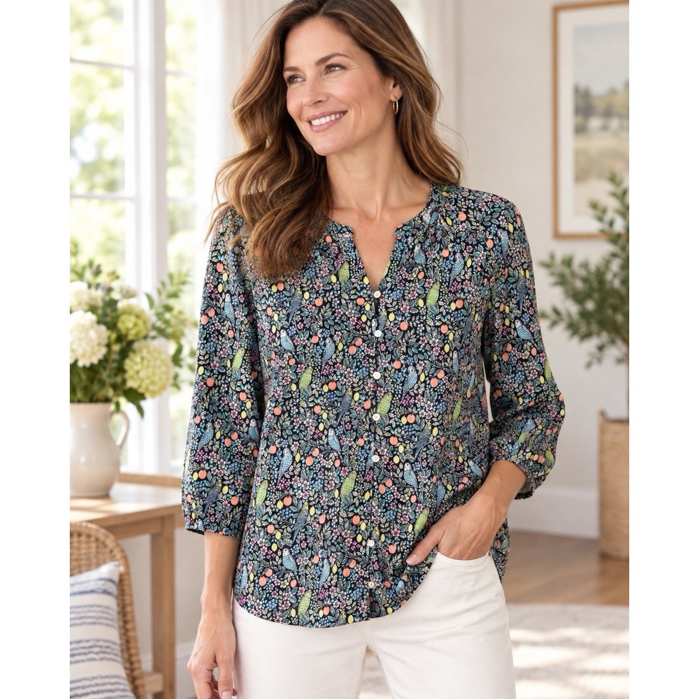 J.Jill Womens S Bird Floral Lemon Print Top Button Front 3/4 Sleeve Cotton Modal